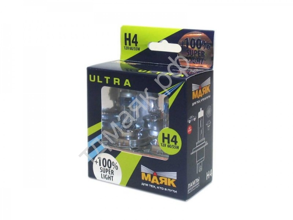 Лампа H4 12V 60/55W +100% P43t (к-т 2 шт.) МАЯК
