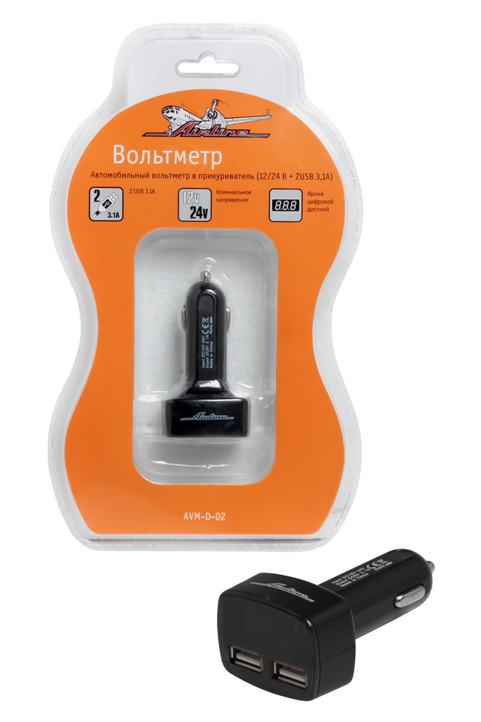 Вольтметр + 2USB 3,1A в прикуриватель 12-24В AIRLINE